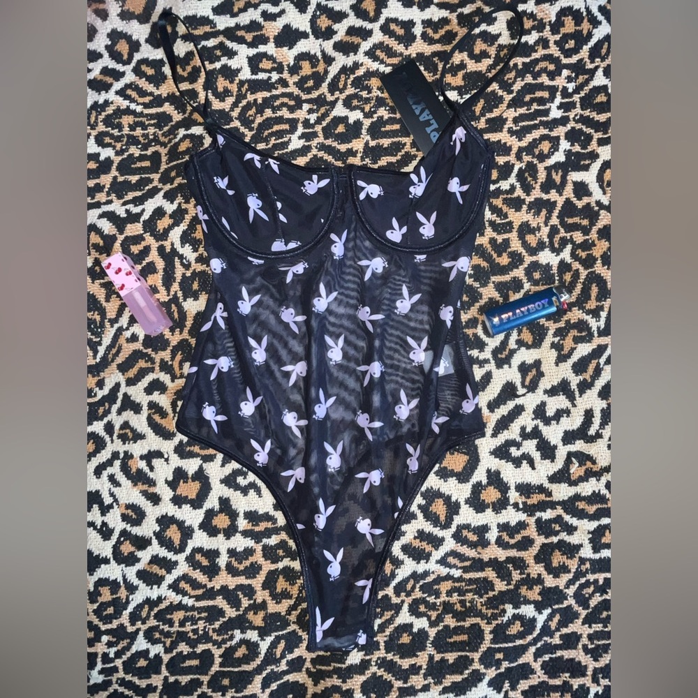 PLAYBOY Black and Pink Sheer Bodysuit